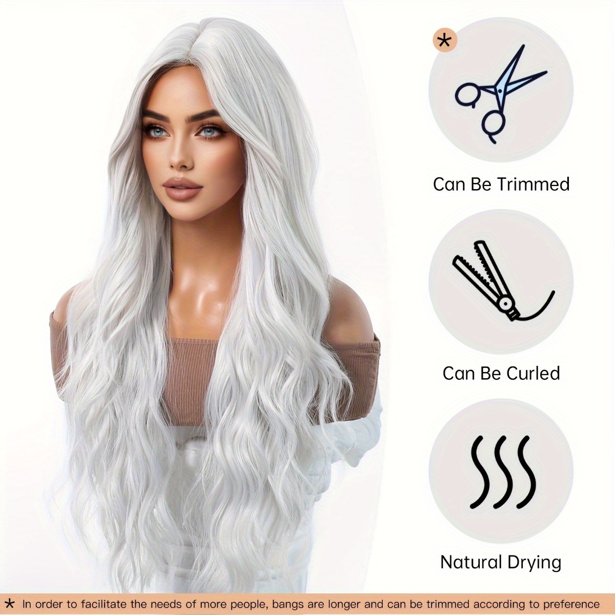 Hair Care Wavy Hair - 安信ブランド合成繊維ウィッグ：シルバーホワイトの自然な大きなウェーブのかかったロングカールヘアスタイル、髪の毛は滑らかで光沢があり、質感はダイナミックで軽量です。 高品質の合成繊維素材で作られており、快適な着用感、肌に優しく、お手入れが簡単です。 大人の女性の日常のファッションスタイリング、目を引くパーティー衣装、コスプレキャラクターの再現、ゴシック/レトロをテーマにした衣装、トレンディなアイテムに適しています。