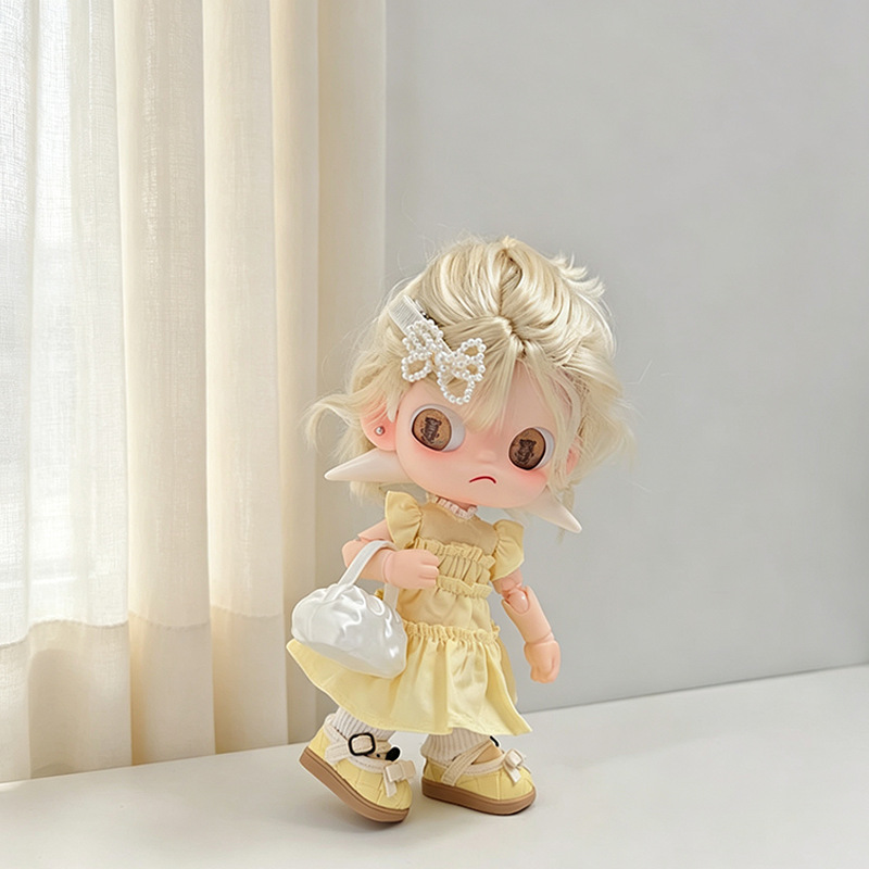 Clip In Hair Piece - 5点セット ドール衣装セット レモンイエロー パフドレス パールヘアクリップ クラウドバッグ