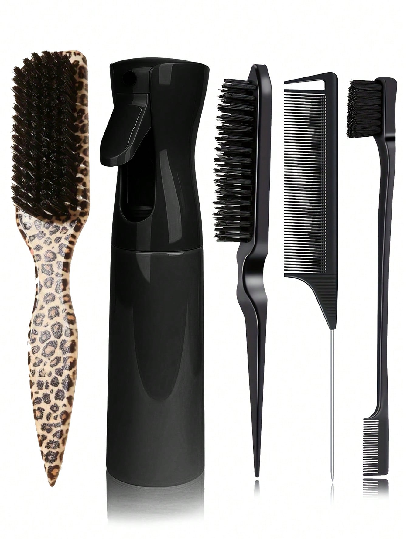 Hair Care Homemade - 5個入りレオパード柄テールコーム＆ブラシセット、柔らかい毛とABS素材で作られており、髪を滑らかに整えることができます。家庭やサロンでのヘアケアやスタイリング、旅行、絡まり解消に適しています。sh260325162998754585042