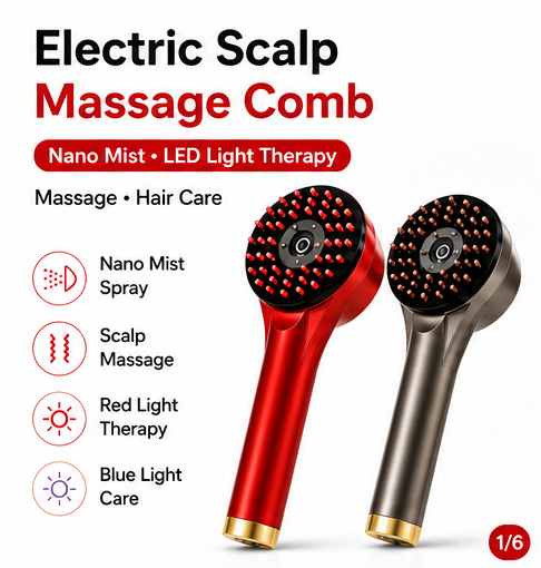 Hair Care Homemade - 4in1電動頭皮マッサージコーム、ナノミストスプレー、赤青光振動ヘアブラシ、オイルセラム用、女性男性用、家庭旅行ケア