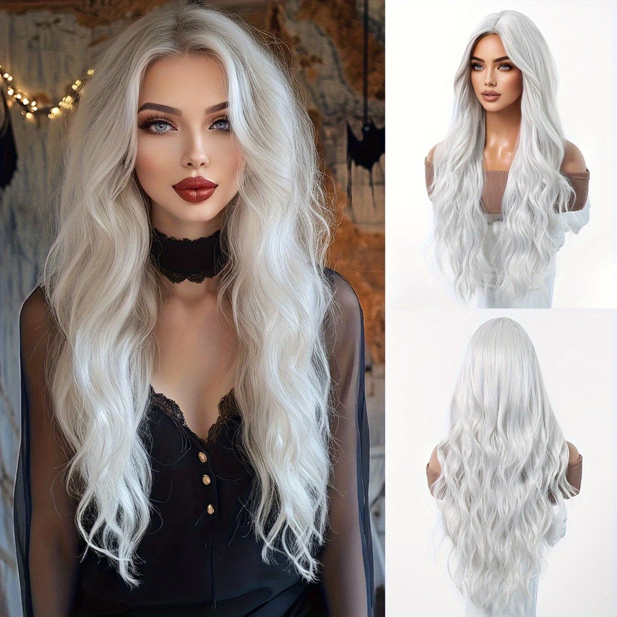 安信ブランド合成繊維ウィッグ：シルバーホワイトの自然な大きな - Hair Care Wavy Hair のレビューと価格